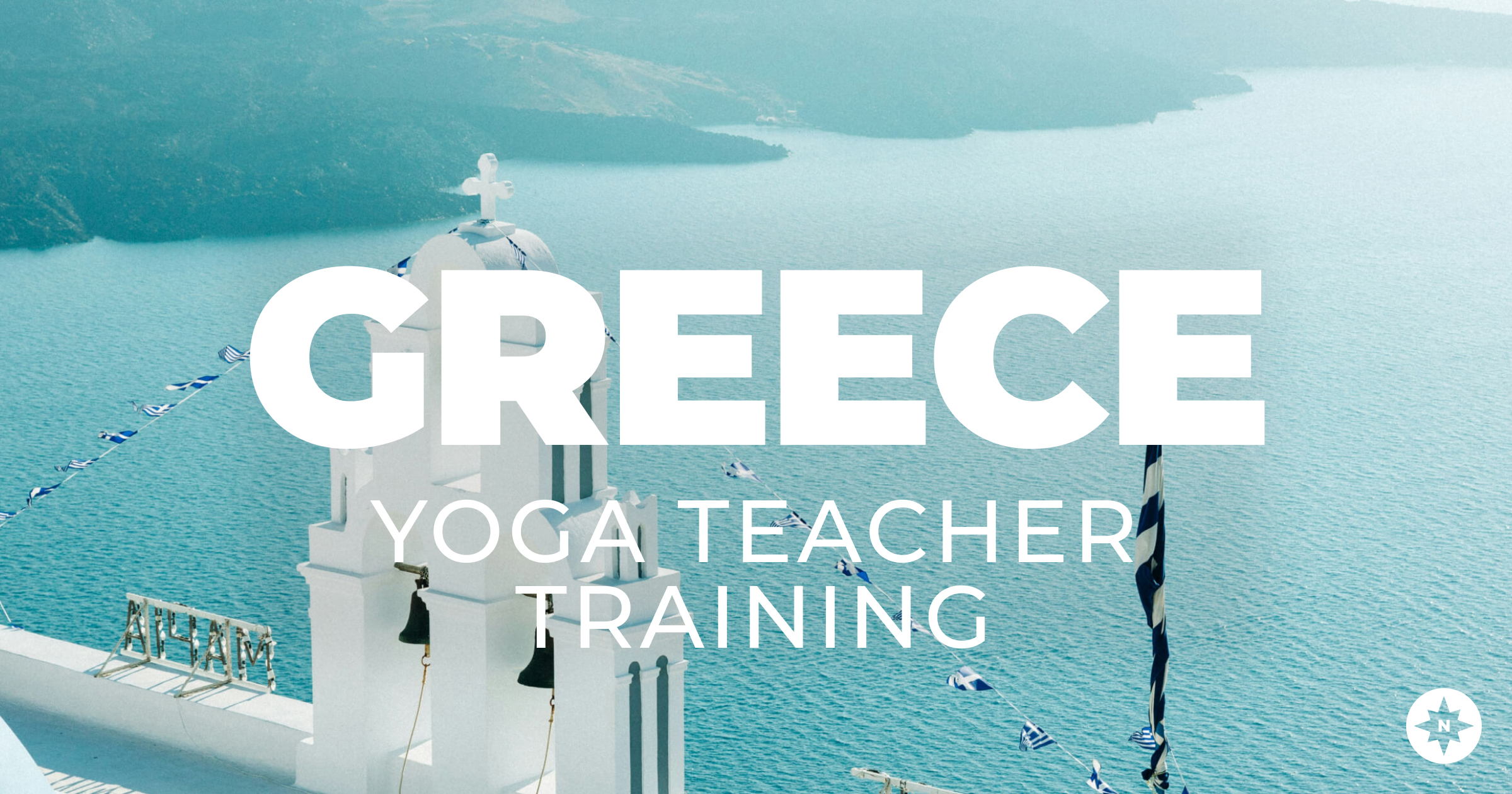 Beach in Greece with the text "Greece yoga teacher training"