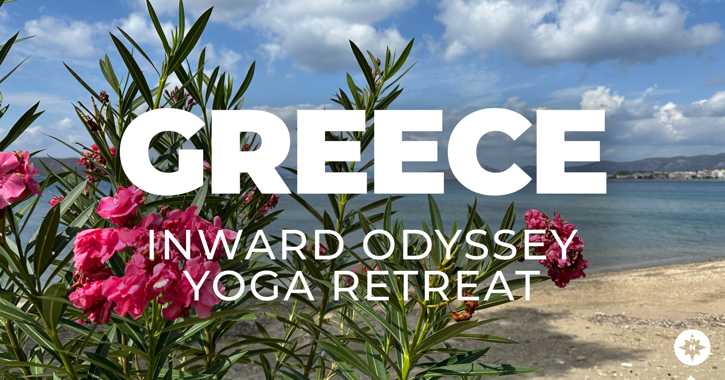 Golden beach with blue sea waters and pink flowers and the words "Greece Inward Odyssey yoga retreat"
