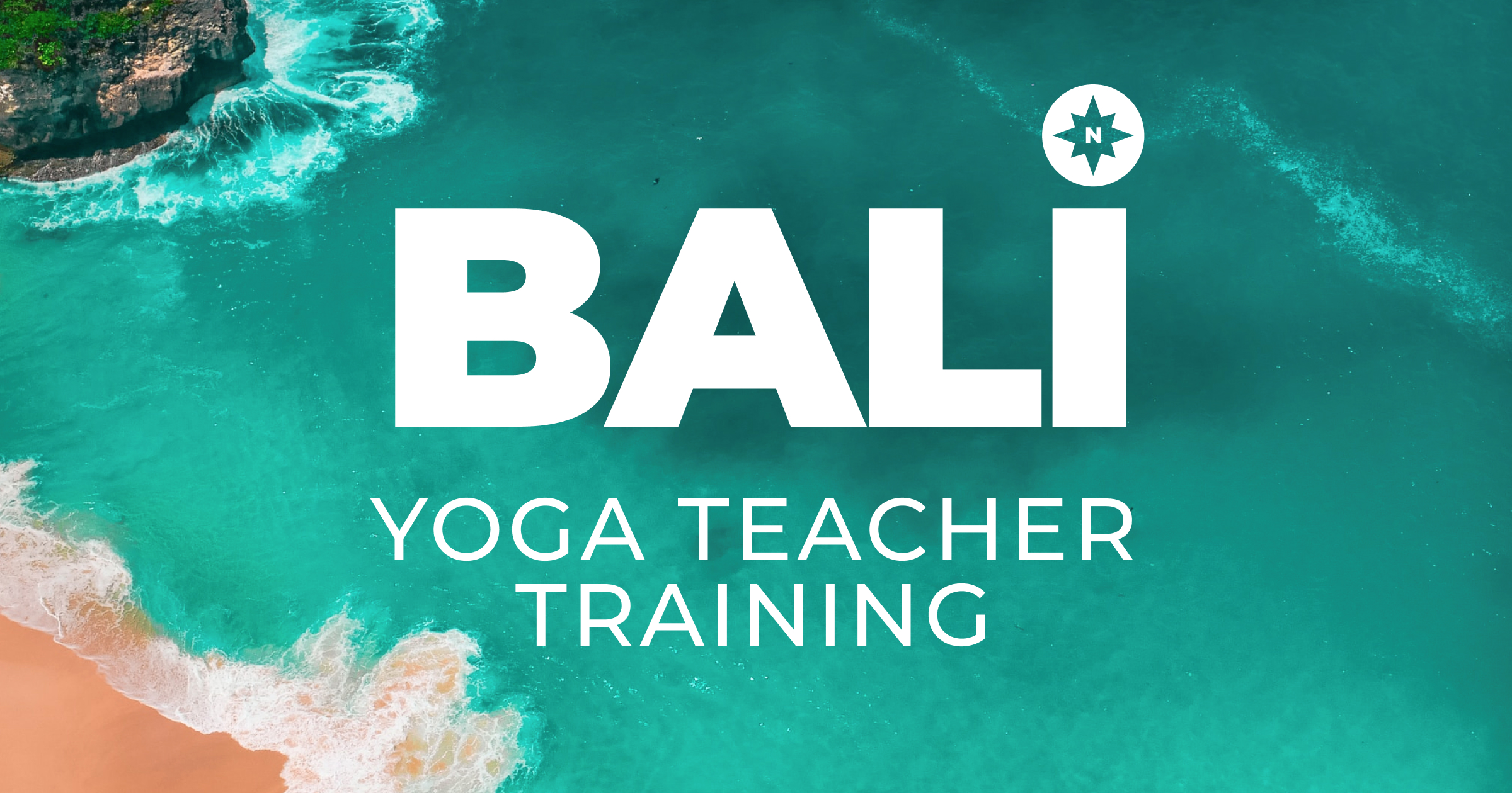 Aerial view of blue waters with the text "Bali yoga teacher training"