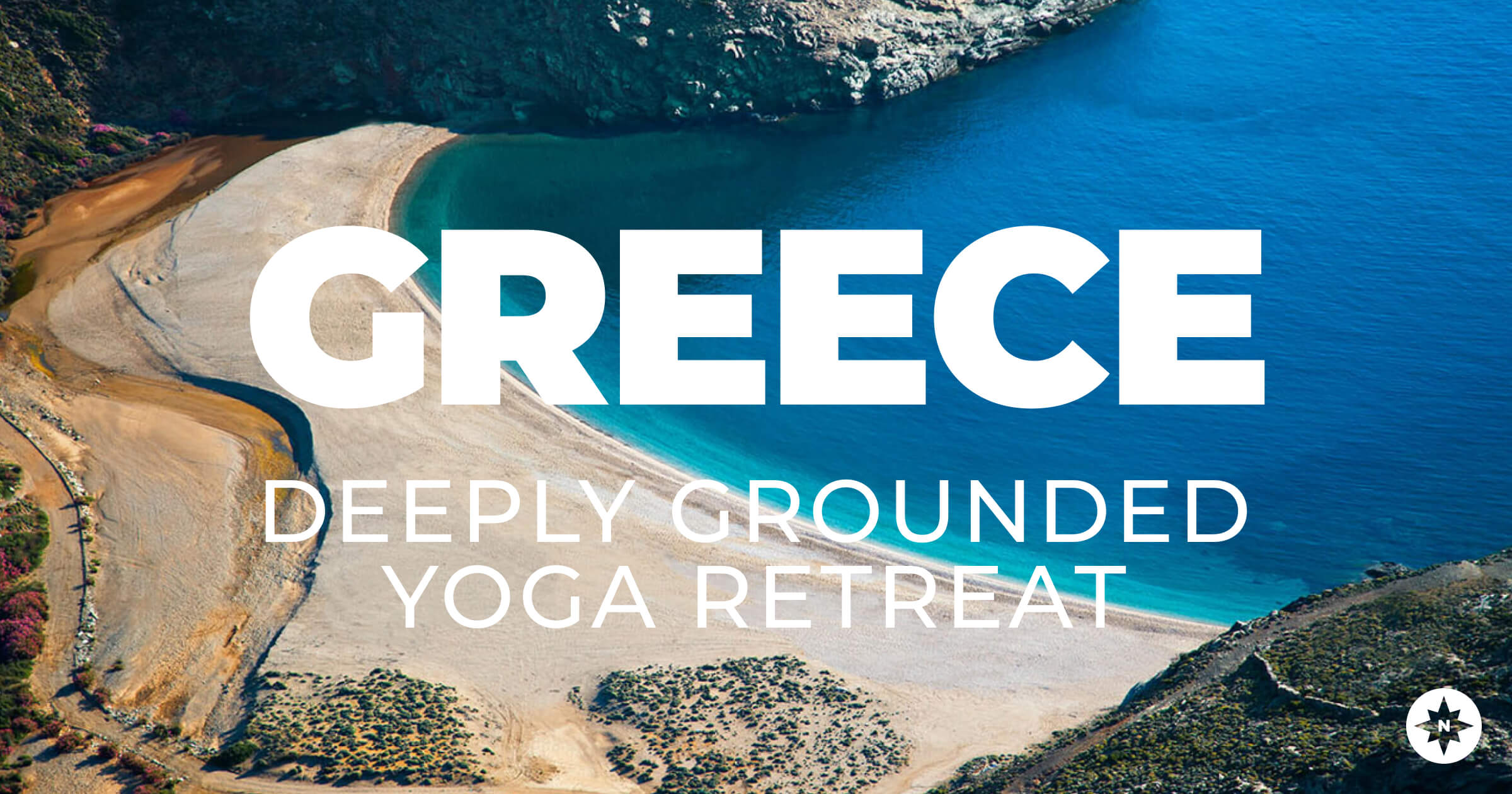 Aerial view of golden beach with blue sea waters and the words "Greece deeply grounded yoga retreat"
